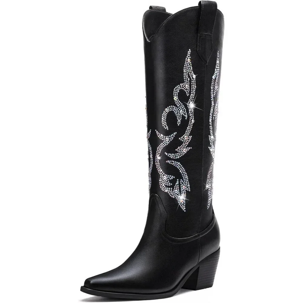 Women's Black Knee High Wide Calf Western Glitter Sparkly Ladies Tall Boots